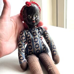ANTIQUE Vintage Painted Oil Cloth Face BLACK AMERICANA DOLL Sawdust Stuffing